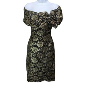 Vtg Y2K Metallic Party Dress Sz 6 Gold Floral Lace Big Bow Off Shoulder Glam